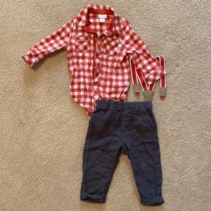 boy long sleeve bodysuit, pant, suspender set